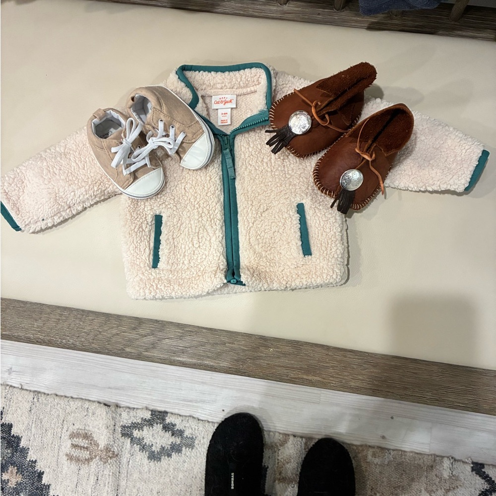 Cream Sherpa Jacket with Teal Trim plus shoe lot